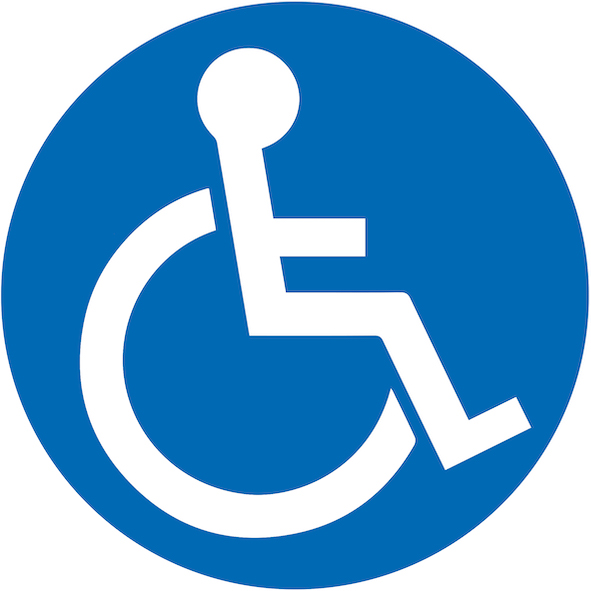 Blå rund symbol med en rullstolsbunden person